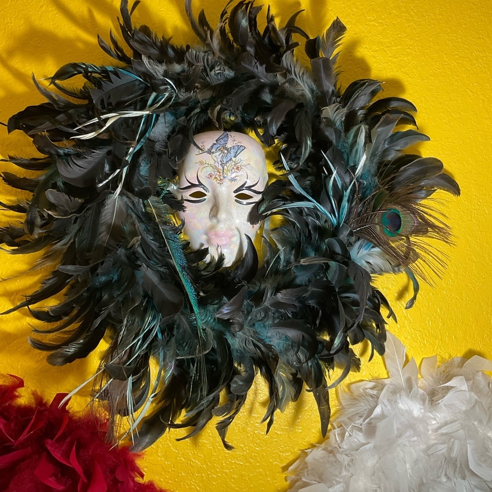 Peacock feather Wreath with mask.  (+2) Sold separately.
